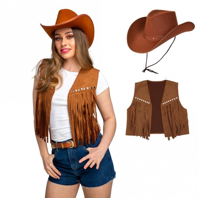 FAUX SUEDE Cowgirl Waistcoat + BROWN Texan Cowboy Hat