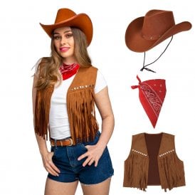 FAUX SUEDE Cowgirl Waistcoat + BROWN Texan Cowboy Hat + RED Bandana