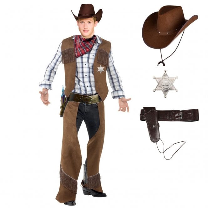 Fringe Cowboy + DARK BROWN Texan Hat + BROWN Deluxe Holster/Belt + SILVER Sheriff Badge