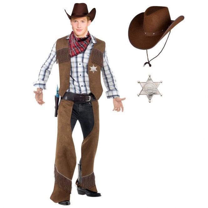 Fringe Cowboy + DARK BROWN Texan Hat + SILVER Sheriff Badge
