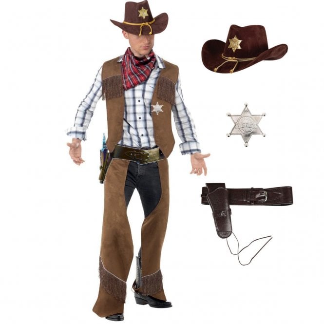 Fringe Cowboy + Sheriff Hat + SILVER Sheriff Badge + BROWN Deluxe Holster/Belt