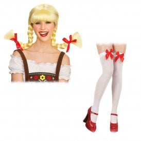 Funny Bavarian Beer Girl-Wire to shape Wig + Thigh Highs - White with Red Bows