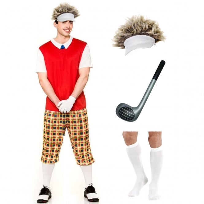 Funny Pub Golfer + Inflatable Golf Club + Golf Hat & Hair + White Knee Socks