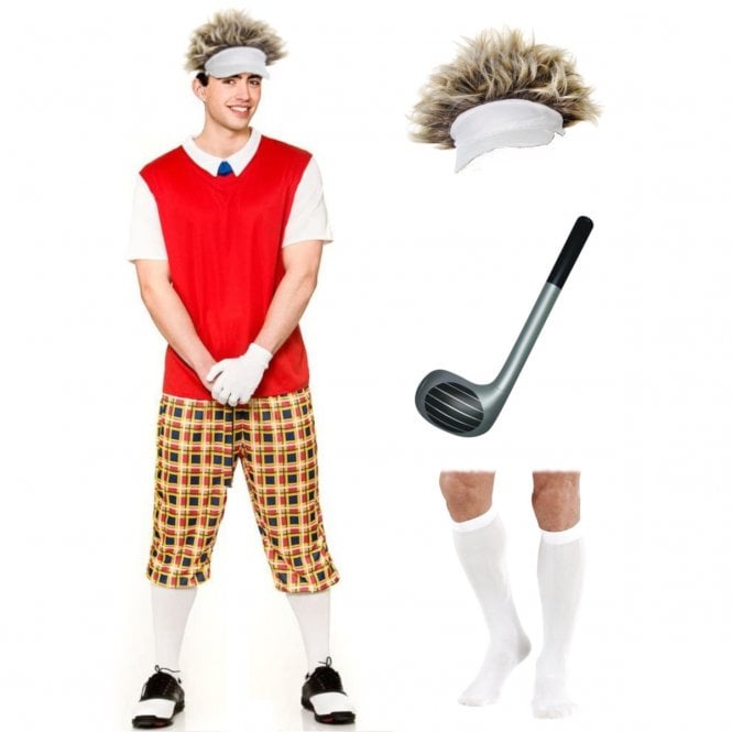 Funny Pub Golfer + Inflatable Golf Club + Golf Hat & Hair + White Knee Socks