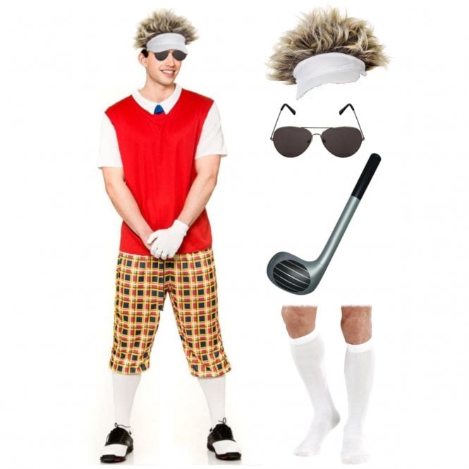 Funny Pub Golfer + White Knee Socks + Inflatable Golf Club + Visor & Hair + Aviator Glasses