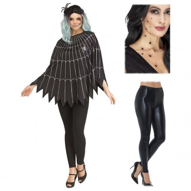Funworld® Spider Web Poncho + Spider Transfers + Black Metallic Leggings