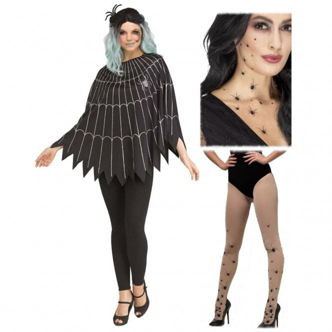 Funworld® Spider Web Poncho + Spider Transfers + Spider Tights