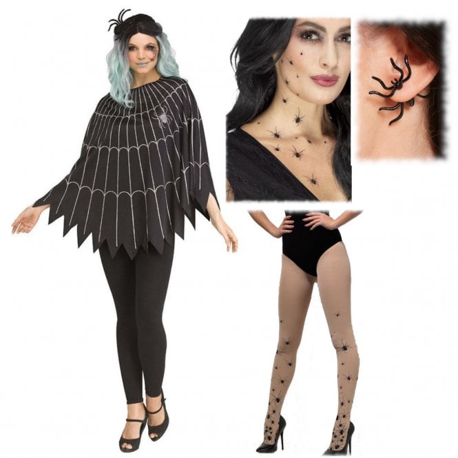 Funworld® Spider Web Poncho + Spider Transfers + Spider Tights + Spider Earrings