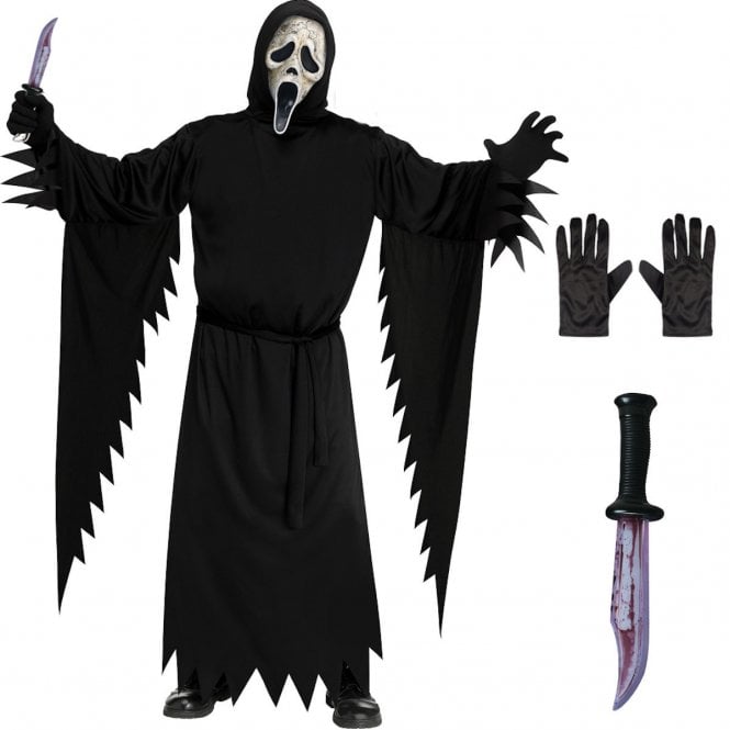 Ghost Face® Aged Costume (One Size) + Black Gloves + Ghost Face® Bloody Blade