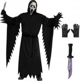 Ghost Face® Aged Costume (One Size) + Black Gloves  + Ghost Face® Bloody Blade