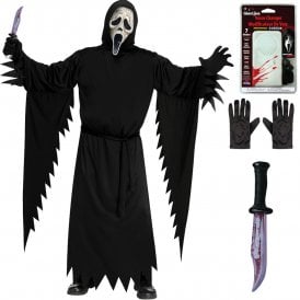 Ghost Face® *AGED STD* Costume + Voice Changer + Bloody Blade + Black Gloves 	