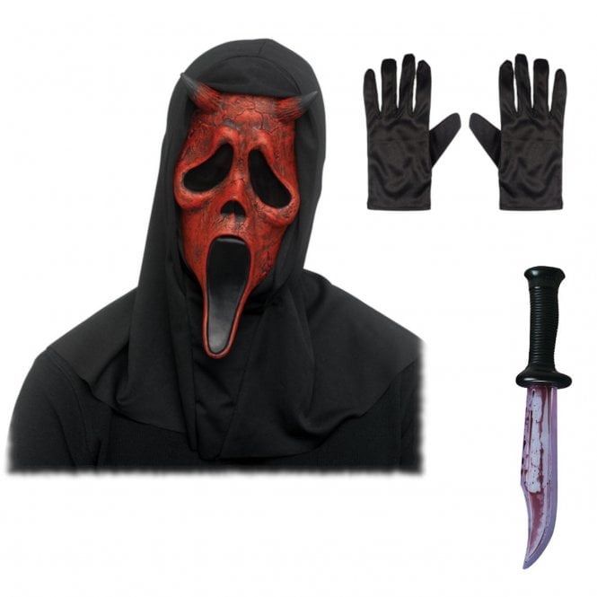 Ghost Face® DEVIL FACE 'AGED' Mask with Hood + Bloody Blade + Black Gloves