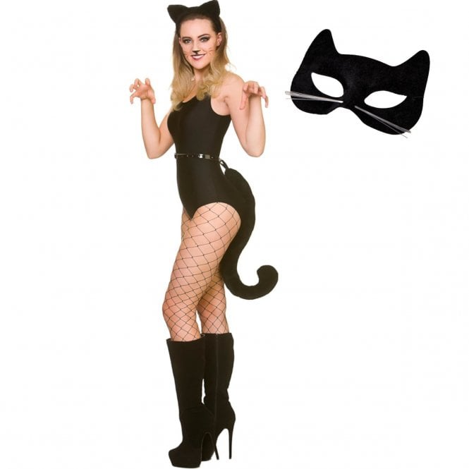 Giant Tail with Ears - Cat (Adult) + Black Leotard + Cat Eyemask
