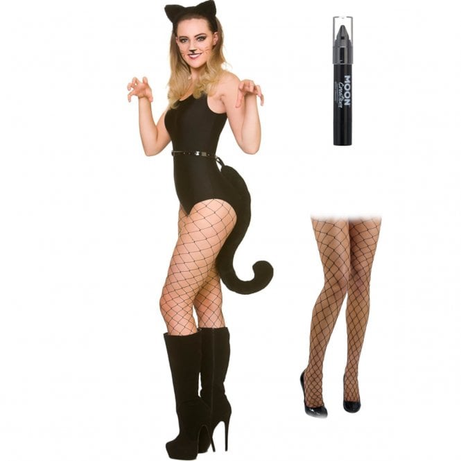 Giant Tail with Ears - Cat (Adult) + Black Leotard + Diamond Tights + Black Crayon (Moon Creations)