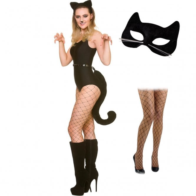 Giant Tail with Ears - Cat (Adult) + Black Leotard + Diamond Tights + Cat Eyemask