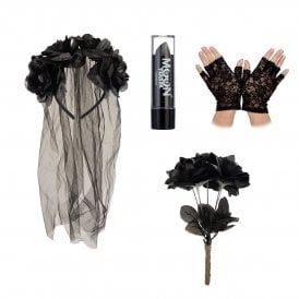 Gothic Veil + Black Flowers + Black Lipstick + Fingerless Gloves