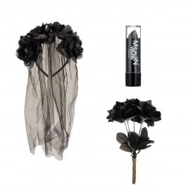 Gothic Veil + Black Flowers + Black Lipstick