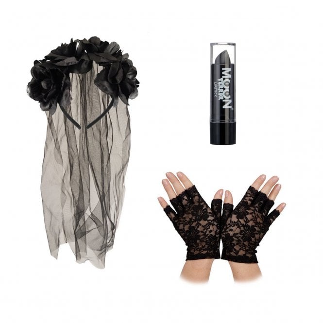 Gothic Veil + Black Lipstick + Fingerless Gloves
