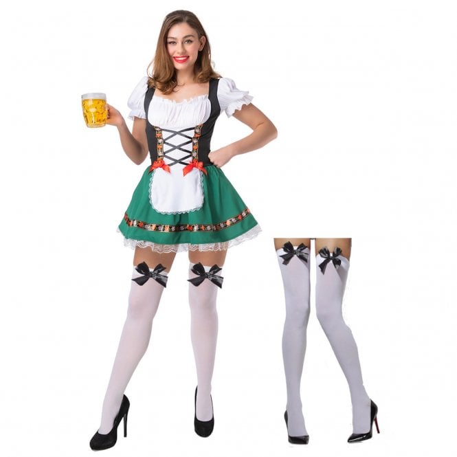 GREEN Oktoberfest Beer Girl + White Thigh Highs w BLACK BOWS