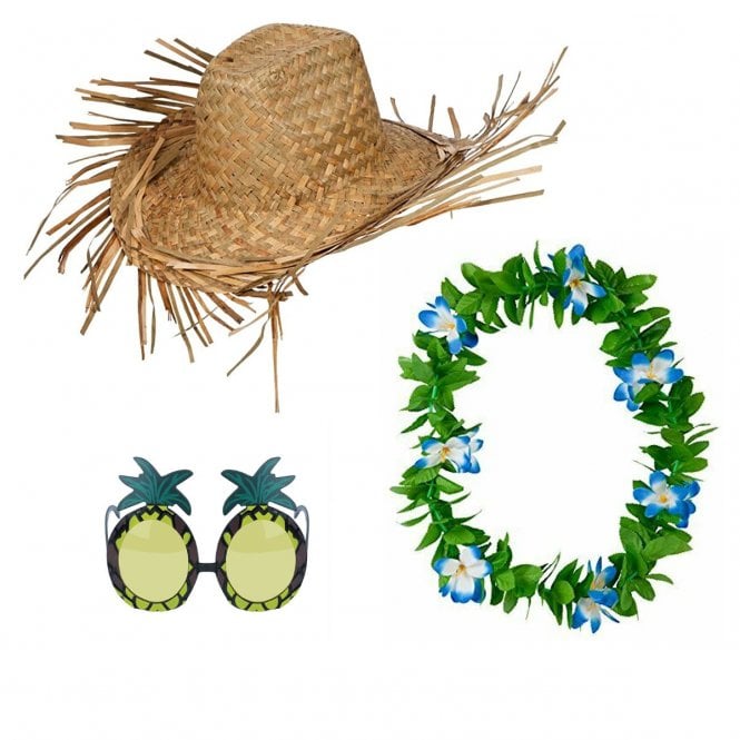 Hawaiian Accessory Set - Beachcomber Hat + Lei + Pineapple Glasses