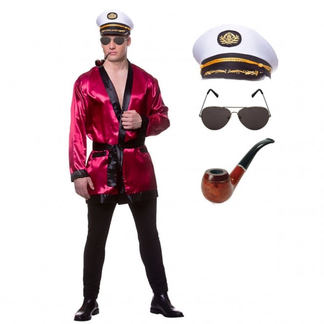 Hollywood Bachelor + White Captains Hat + Aviator Glasses + Pipe (4-Piece)