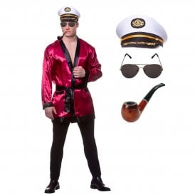 Hollywood Bachelor + White Captains Hat + Aviator Glasses + Pipe (4-Piece)