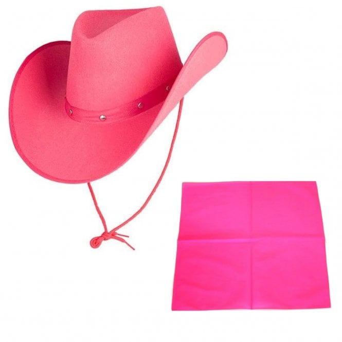 HOT PINK Texan Cowboy Hat + NEON PINK Plain Bandana