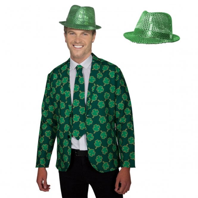 Irish Jacket & Tie + Irish GREEN Sequin Trilby Hat 