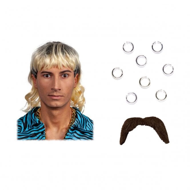 Jo Exotic Mullet Wig + Brown Tash + Clip-On Piercings