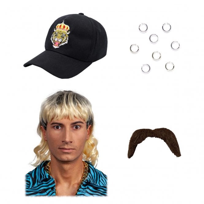 Jo Exotic Mullet Wig + Brown Tash + Tiger Logo Hat + Clip-On Piercings (4-Piece) 