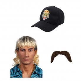 Jo Exotic Mullet Wig + Brown Tash + Tiger Logo Hat 