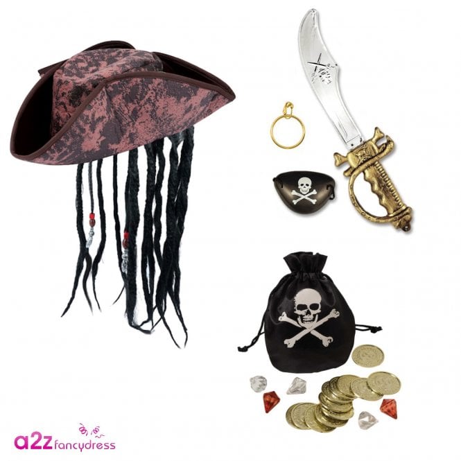 Kids 3-Piece Pirate Hat with Dreadlocks + Cutlass, Earring, Eyepatch Set + Coin & Gem Bag 