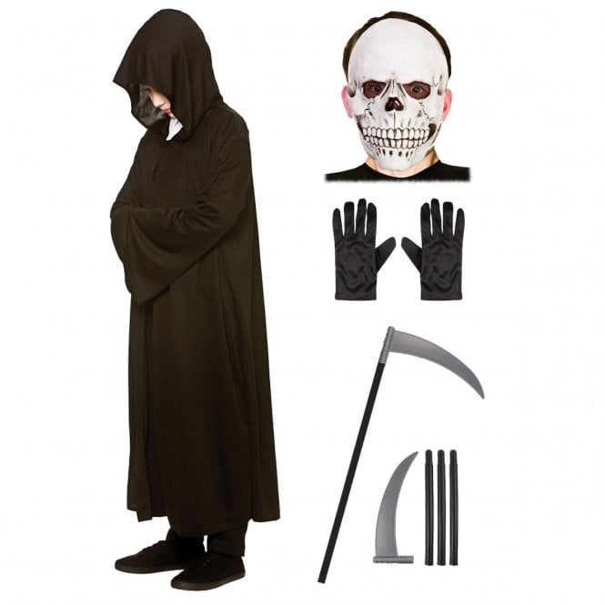 Kids Black Hooded Robe + Black Gloves + Scythe + Kids Latex Skull Mask
