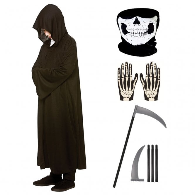 Kids Black Hooded Robe + Skeleton Gloves + Scythe + Half Face Skull Snood