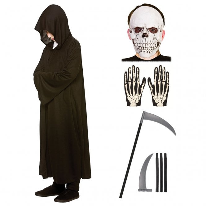 Kids Black Hooded Robe + Skeleton Gloves + Scythe + Kids Latex Skull Mask