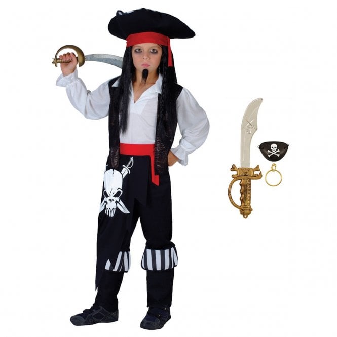 Kids Captain Blackheart Costume + Cutlass, Earring, Eyepatch Set 