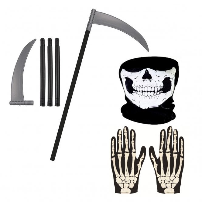 Kids Skull Half Face Snood + Kids Skeleton Gloves + Scythe
