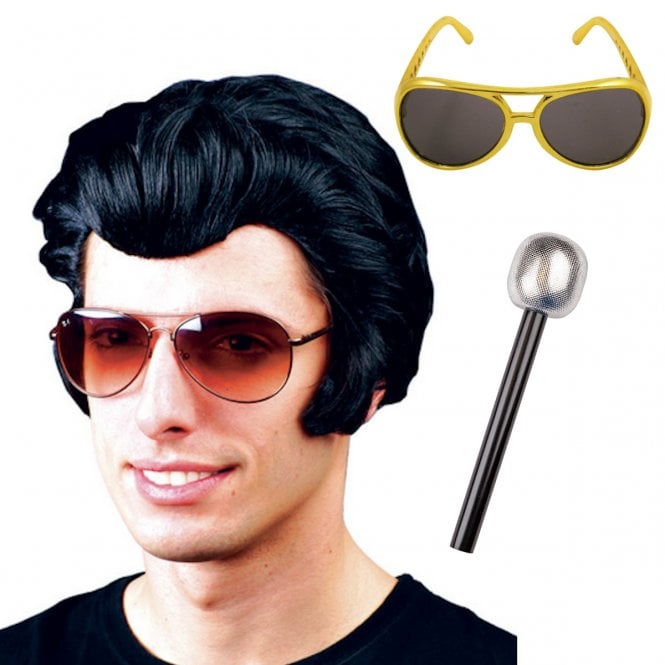 King of Rock n Roll Wig + Gold Frame Glasses + Microphone