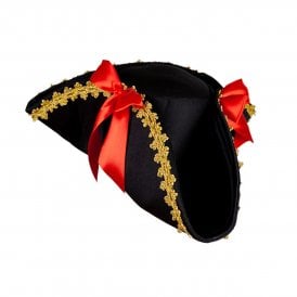 Ladies Black Tricorn Pirate Hat (Gold Trim + Red Ribbon)