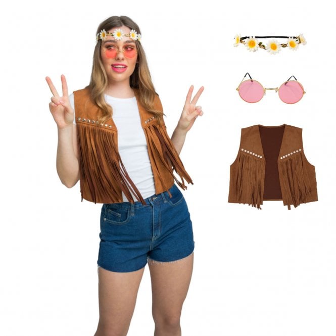 Ladies Brown Faux Suede Waistcoat w Fringes + Daisy Headband + Pink ROUND Glasses