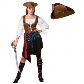 Ladies Caribbean Pirate + Brown Faux Suede Pirate Hat