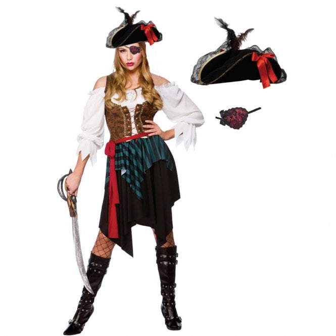 Ladies Caribbean Pirate + Ladies Black Pirate Hat + Red Eyepatch 
