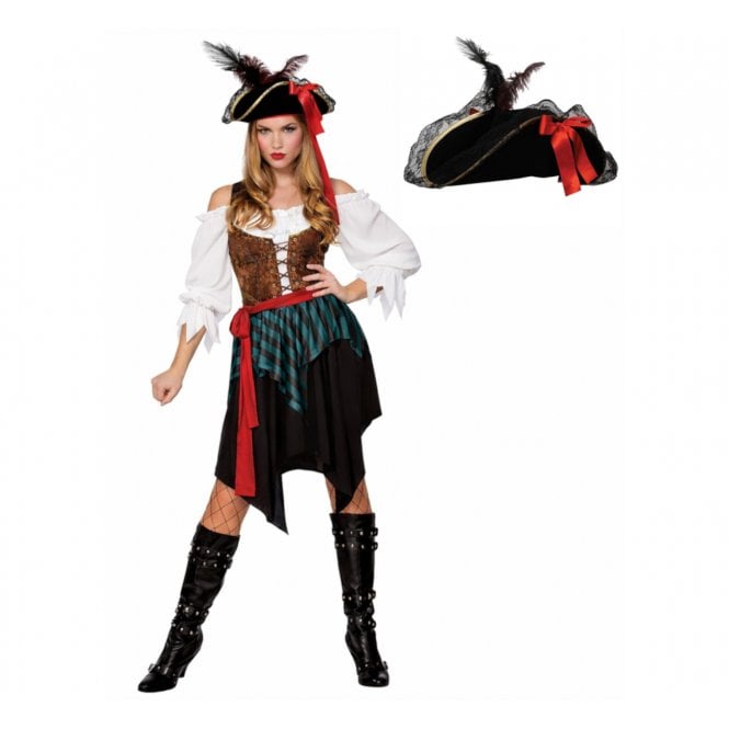 Ladies Caribbean Pirate + Super Deluxe Black Pirate Hat 