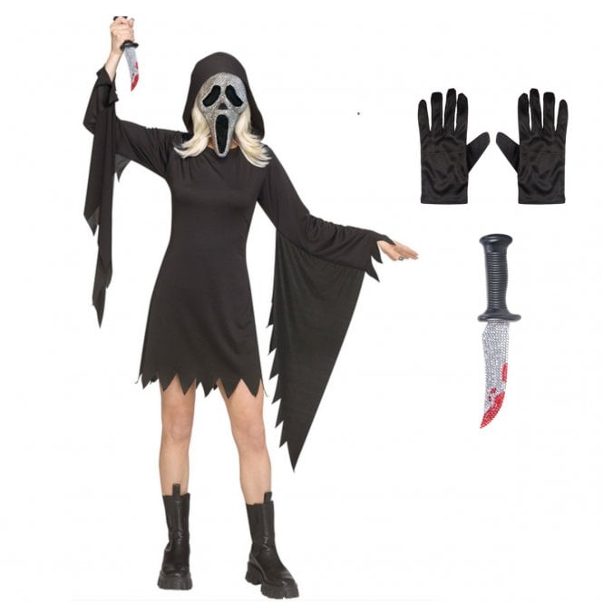 Ladies Ghost Face® 'BLING' Costume + Ghost Face® 'BLING' Knife + Black Gloves