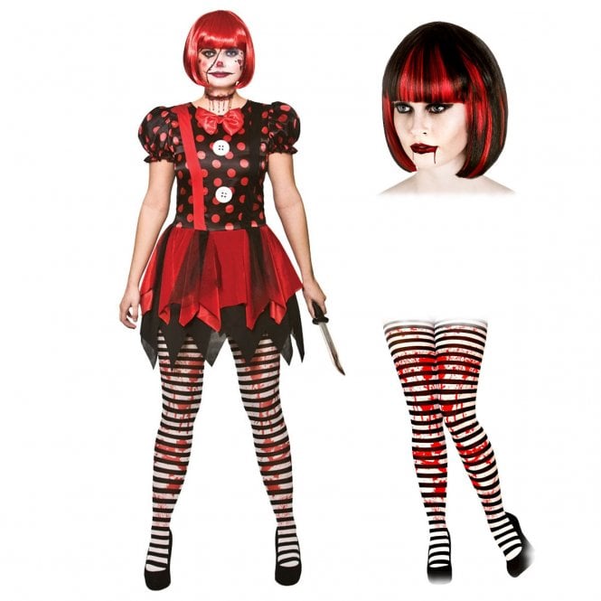 Ladies Horror Clown Costume + Bloodlust Wig + Candystripe Blood Tights
