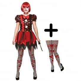Ladies Horror Clown Costume + Candystripe Blood Tights 