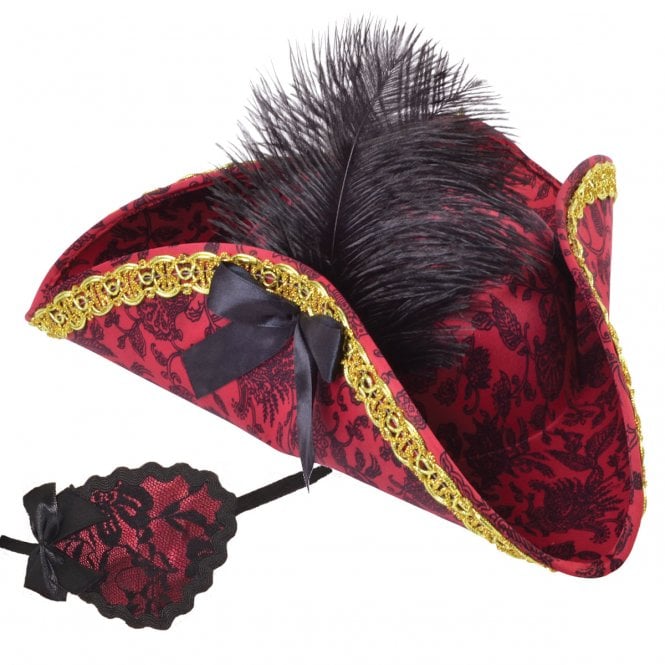 Ladies Red Pirate Tricorn Hat + Red Eyepatch 