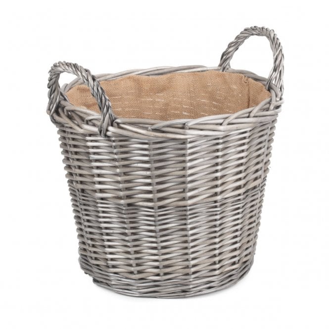 Large Round Grey Antique Wash Lined Wicker Log Basket 