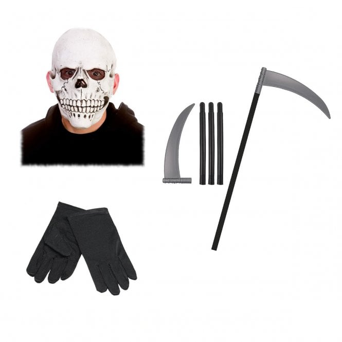 Latex Skull Mask + Scythe + Adult Black Gloves