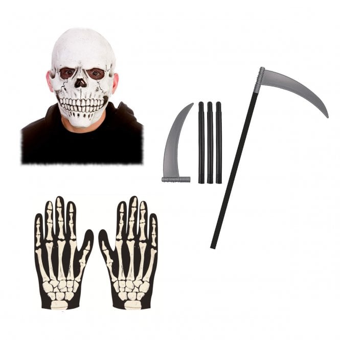 Latex Skull Mask + Scythe + Adult Skeleton Gloves